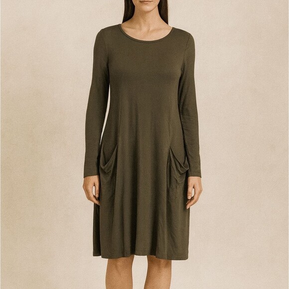 Pistachio Green Tunic Dress S L/S Casual T-shirt Dress Pockets Earth Girl Bohemi - Picture 1 of 6